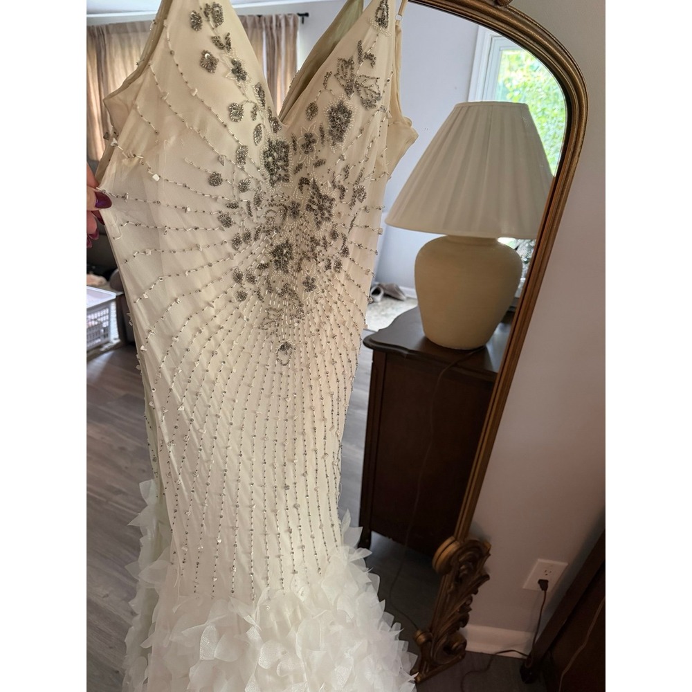 Vintage Sue Wong Silk Beaded Bridal Gown White Sunburst Beaded Silver Appliqué - Picture 2 of 10